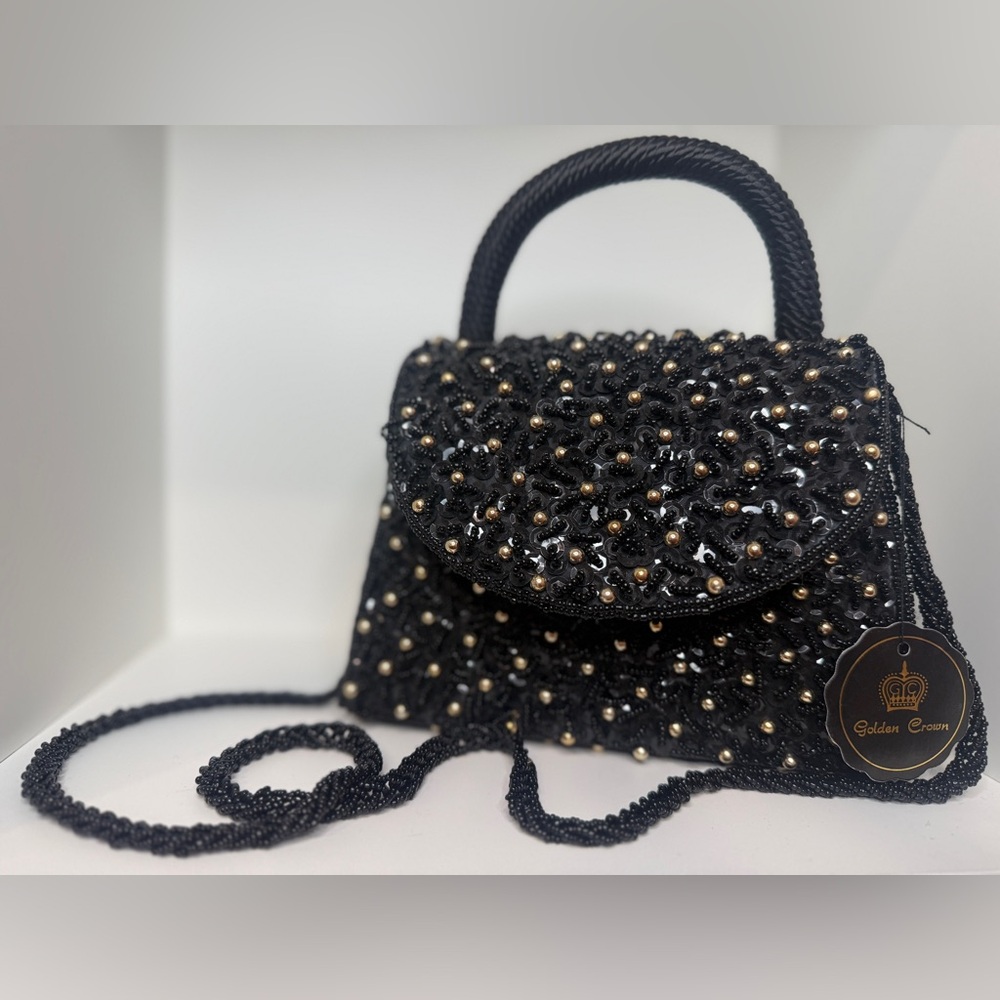 NEW Black & Gold Beaded Evening Bag with Shoulder Strap & Top Handle